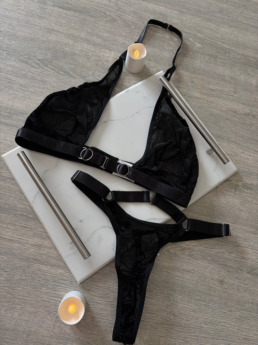 Velvet mesh black lingerie set