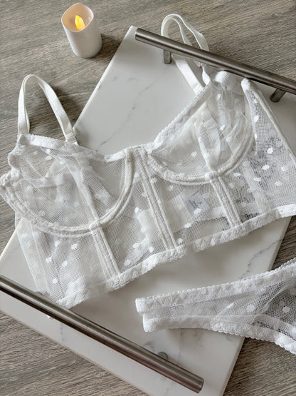 Polka dot mesh white lingerie set