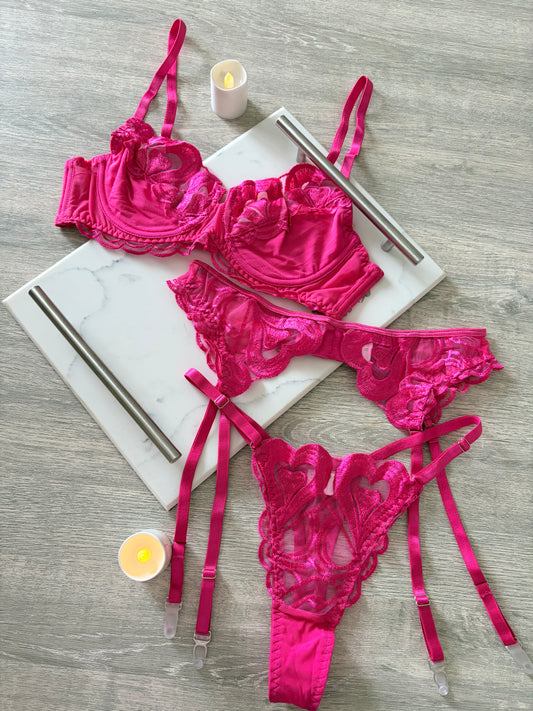 Hot pink 3 pc lingerie set