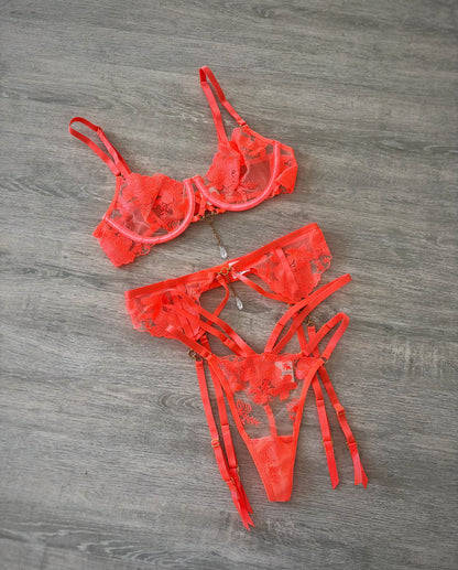Scarlet bloom lingerie set of 3