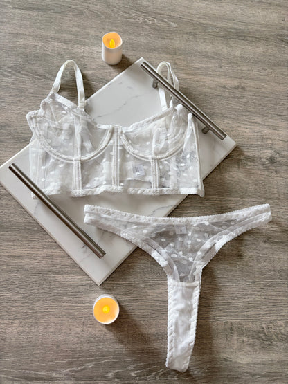 Polka dot mesh white lingerie set